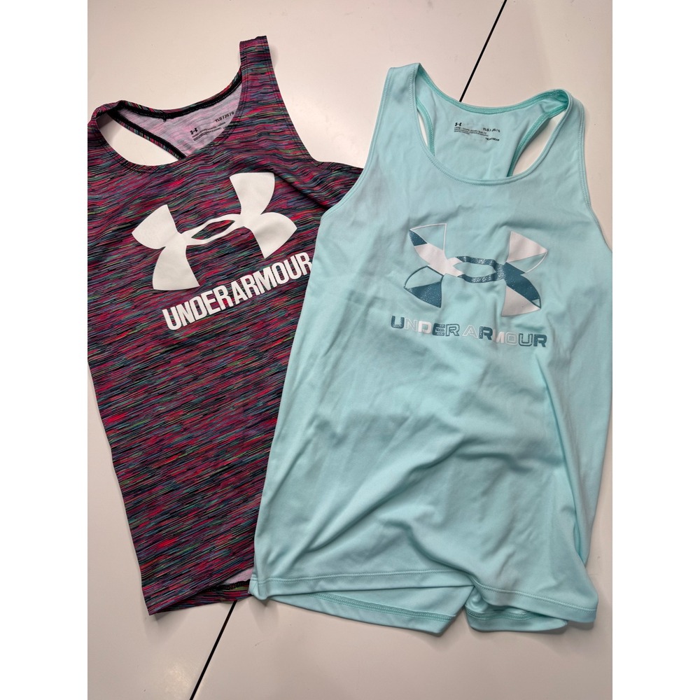 Under Armour Girls HeatGear Racerback Tank Top Lot of 2 Blue Space Dye YLG Large